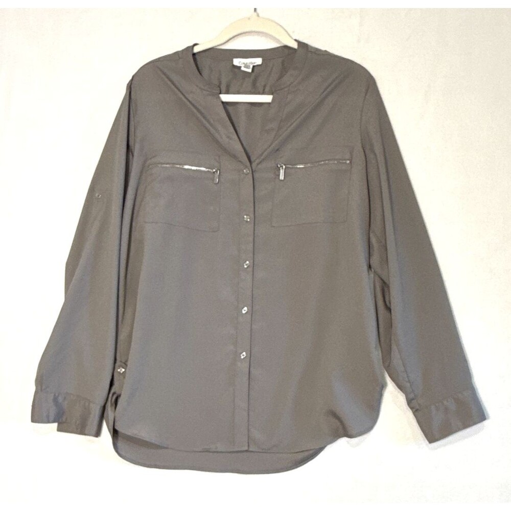 Calvin Klein LG Gray Button-Up Utility Blouse Roll Tab Sleeve Zip Pockets Safari